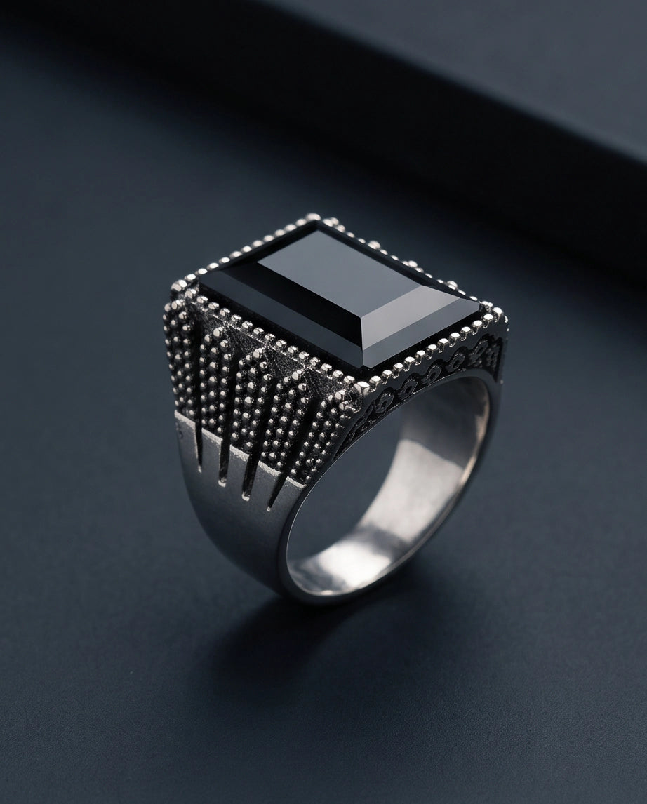 Onyx Gemstone Beaded Frame Emerald-Cut Fluted Stippled Silver Ring
