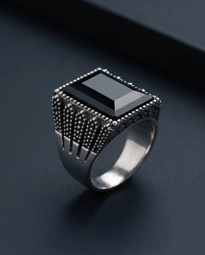 Onyx Gemstone Beaded Frame Emerald-Cut Fluted Stippled Silver Ring