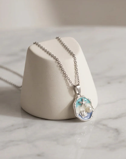 Silver Blue Seashell Starfish Pearl Enamel Medallion Chain Necklace
