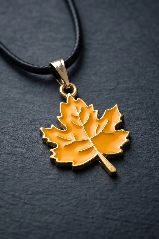 Golden Autumn Maple Leaf Enamel Pendant Necklace