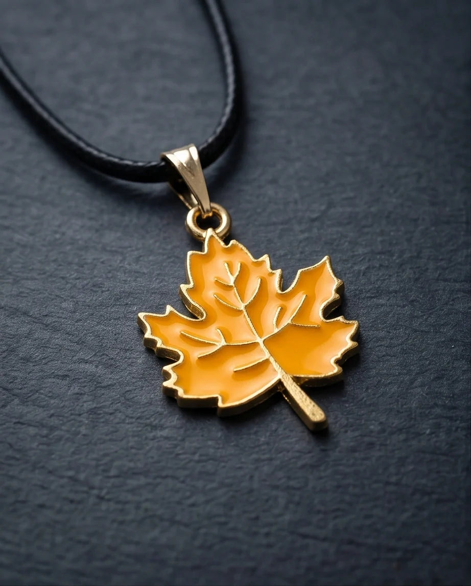 Golden Autumn Maple Leaf Enamel Pendant Necklace