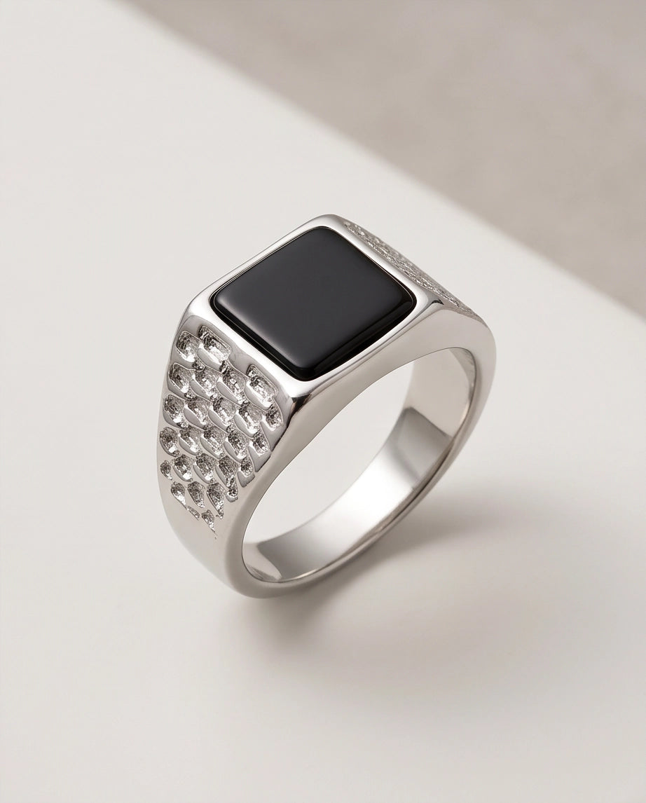 Onyx-Style Square Inlay Brick-Link Band Silver Ring