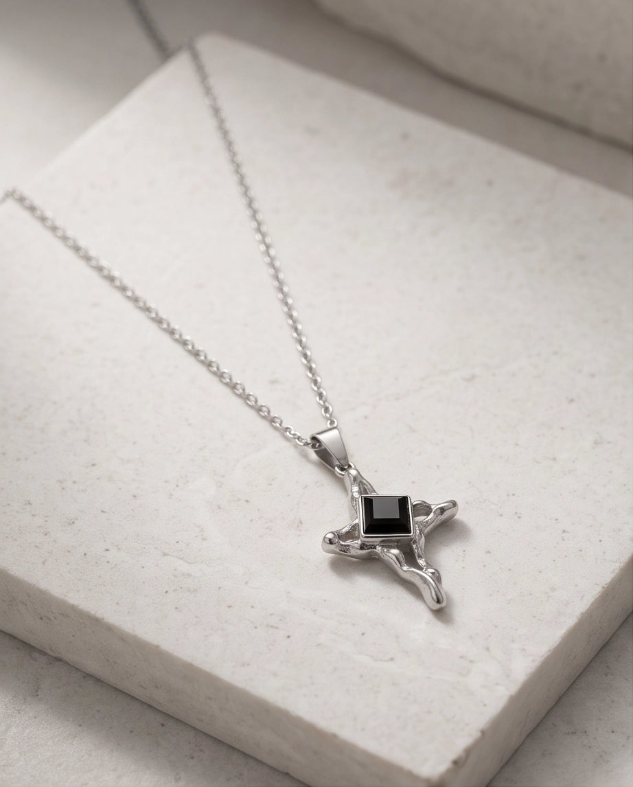 Silver Black Gemstone Gothic Cross Pendant Necklace
