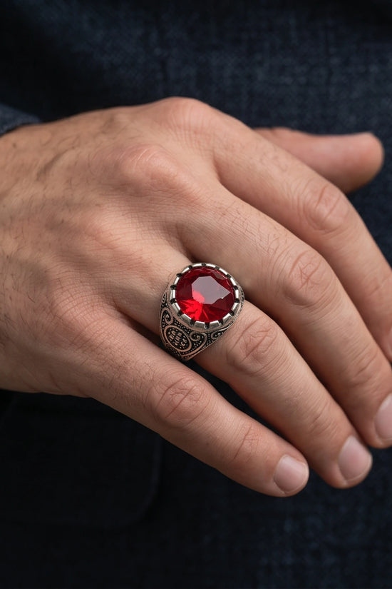 Crimson Monarch Silver Signet Ring