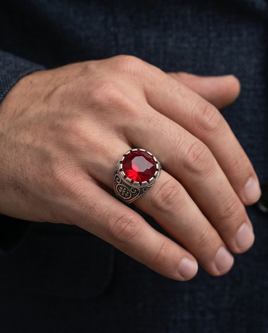 Crimson Monarch Silver Signet Ring