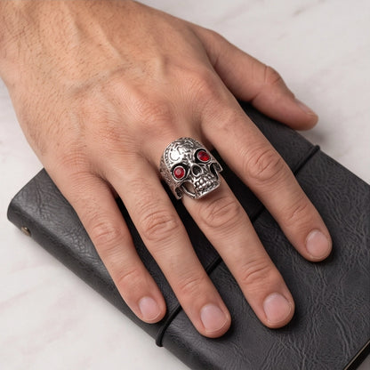 Ruby-Eyed Filigree Skull Ring