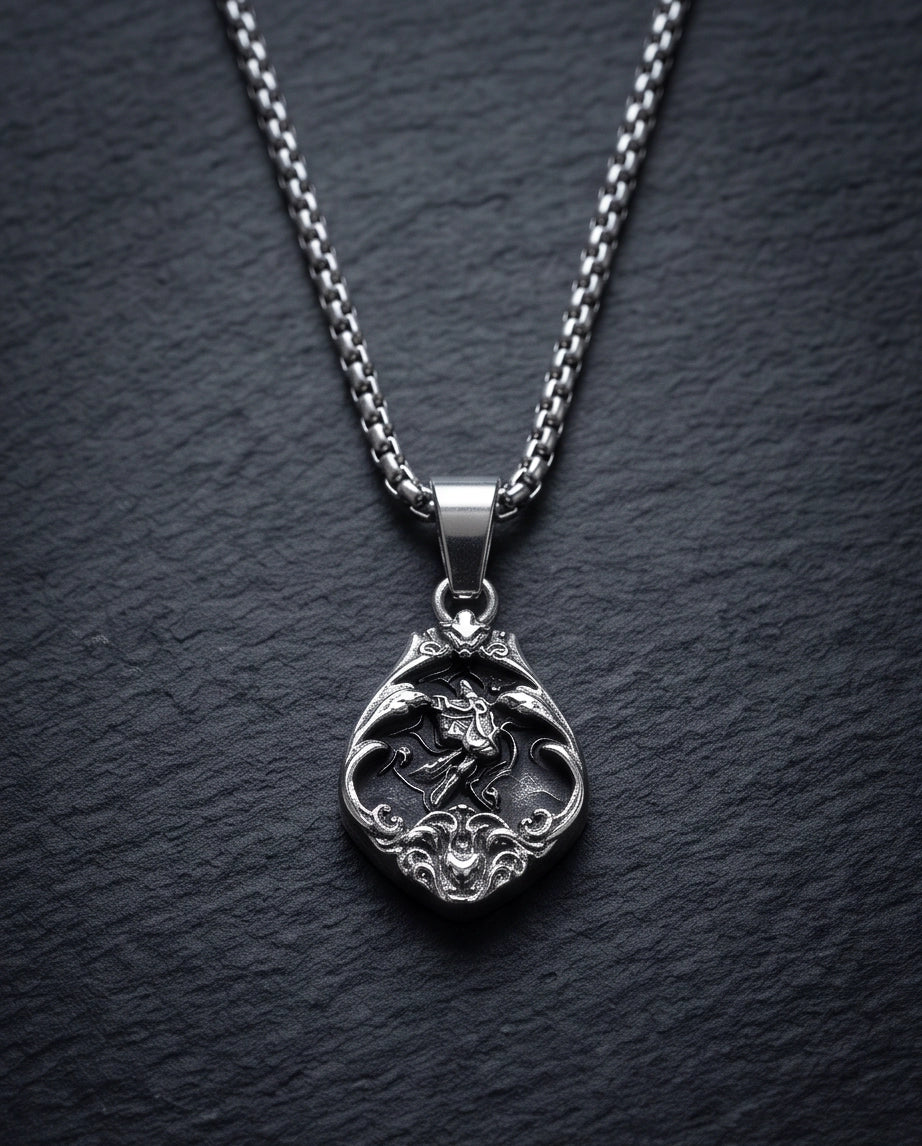 Silver Vintage Cherub Black Enamel Teardrop Pendant Necklace