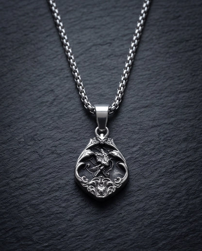 Silver Vintage Cherub Black Enamel Teardrop Pendant Necklace