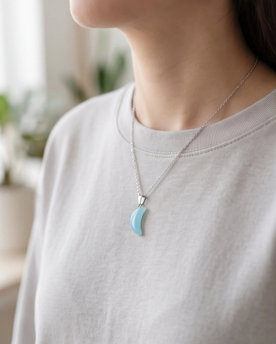 Silver Light Blue Crescent Moon Resin Pendant Necklace