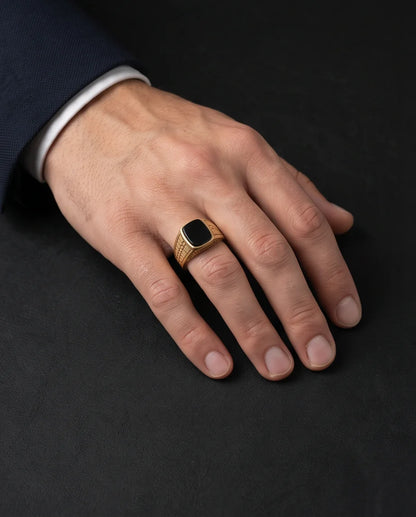 Onyx-Style Cushion Cabochon Geometric Block Gold Ring