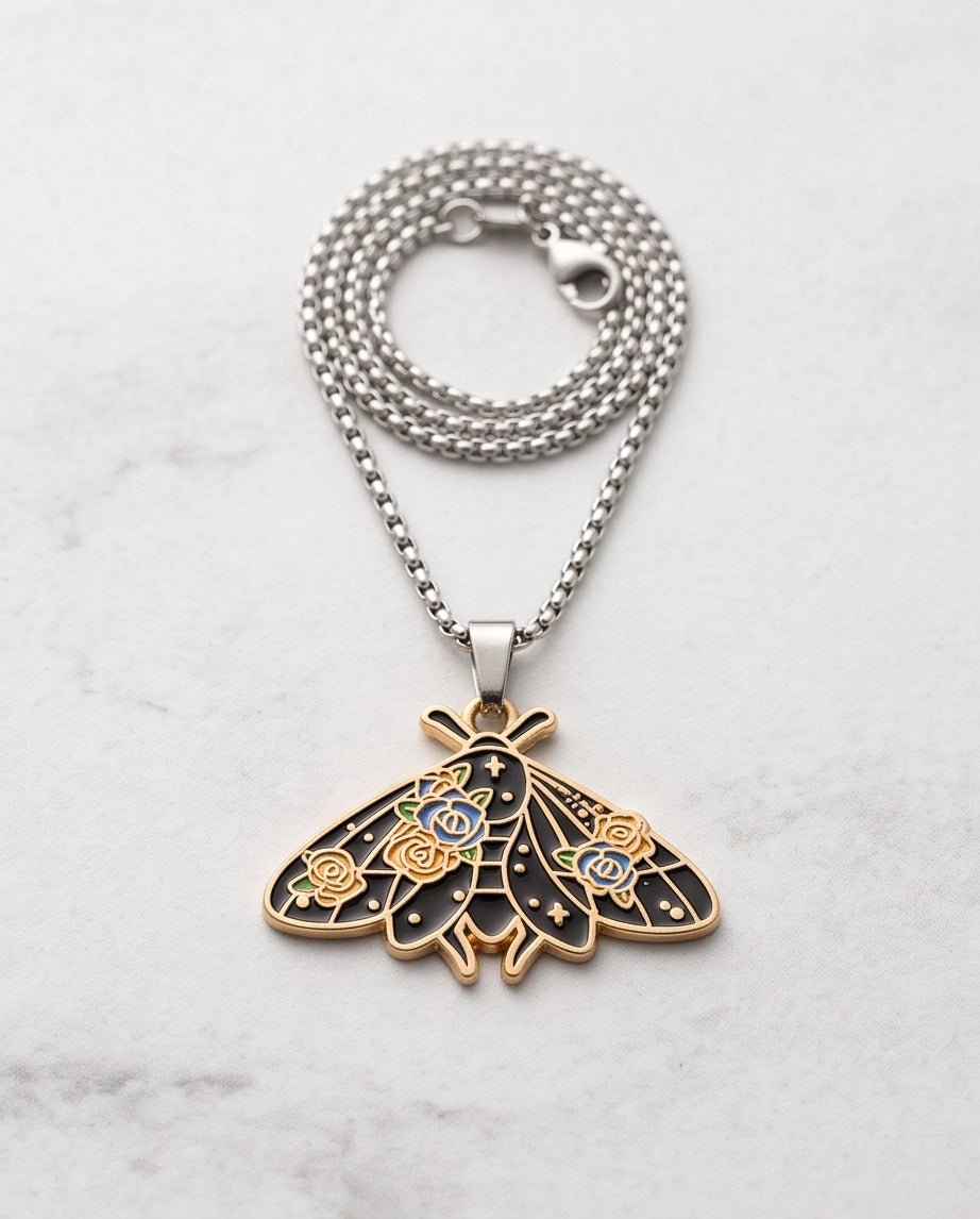 Gold Floral Moth Enamel Chain Necklace