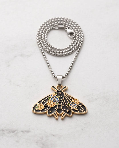 Gold Floral Moth Enamel Chain Necklace