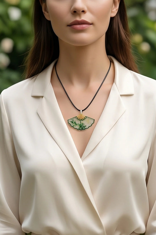 Artistic Green Bamboo Fan Pendant Necklace