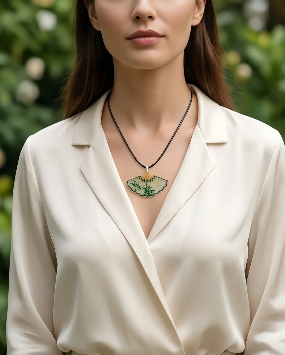 Artistic Green Bamboo Fan Pendant Necklace