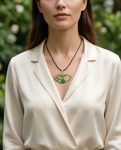 Artistic Green Bamboo Fan Pendant Necklace