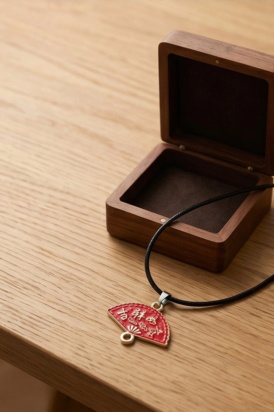 Traditional Red Folding Fan "Ji Xiang Ru Yi" Pendant Necklace