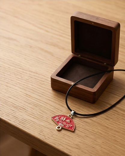 Traditional Red Folding Fan "Ji Xiang Ru Yi" Pendant Necklace