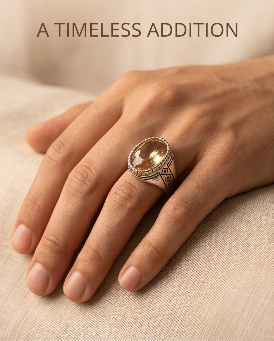 Citrine Gemstone Notched Bezel Geometric Diamond Silver Ring
