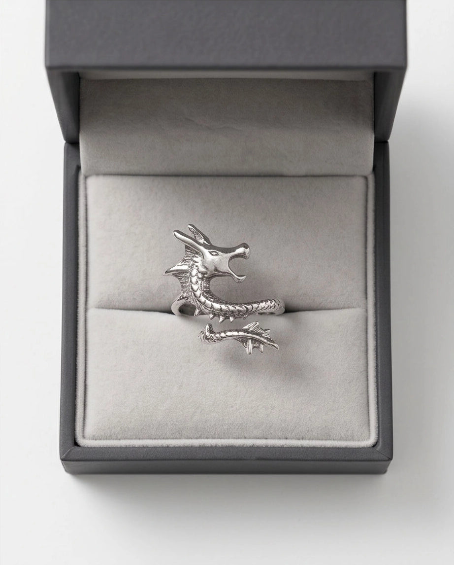 Polished Silver Sculpted Wyrm Dragon Wrap Ring