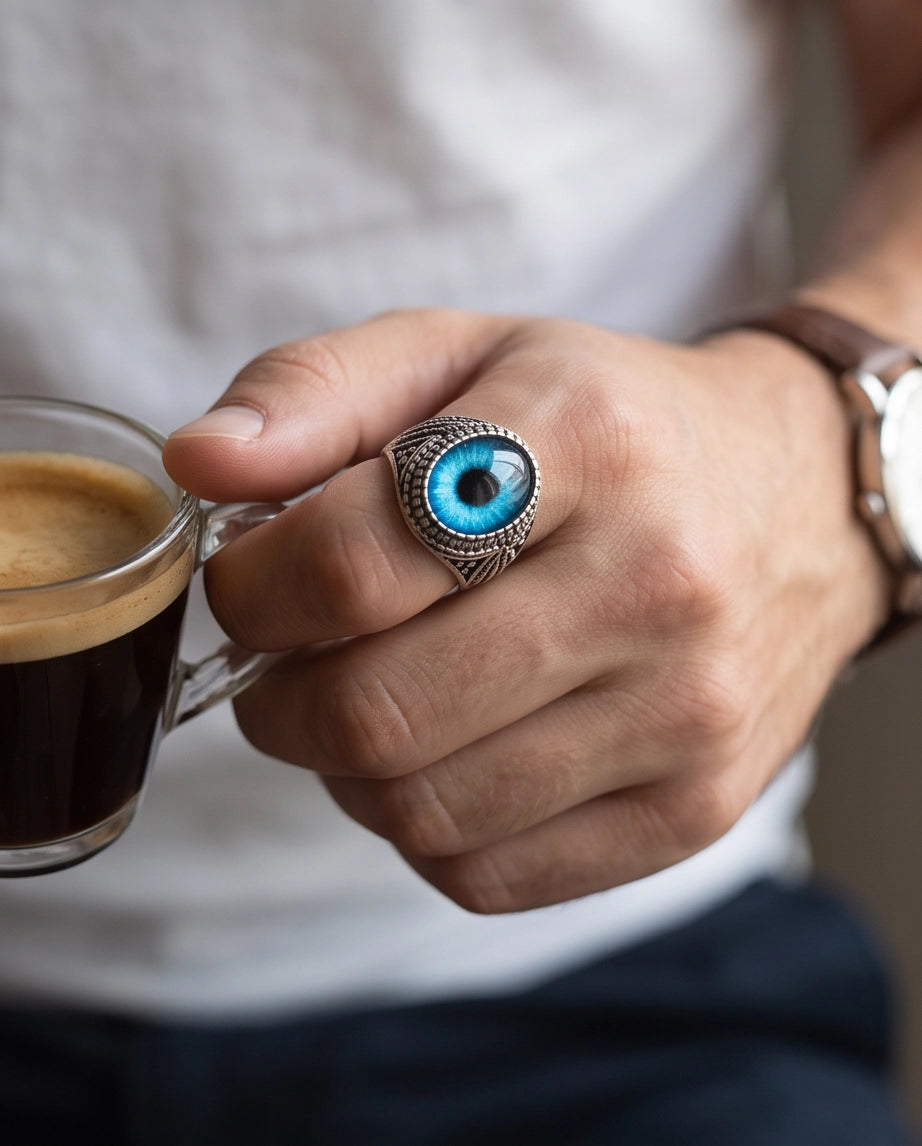 Azure Scale Beaded Slit-Pupil Silver Ring