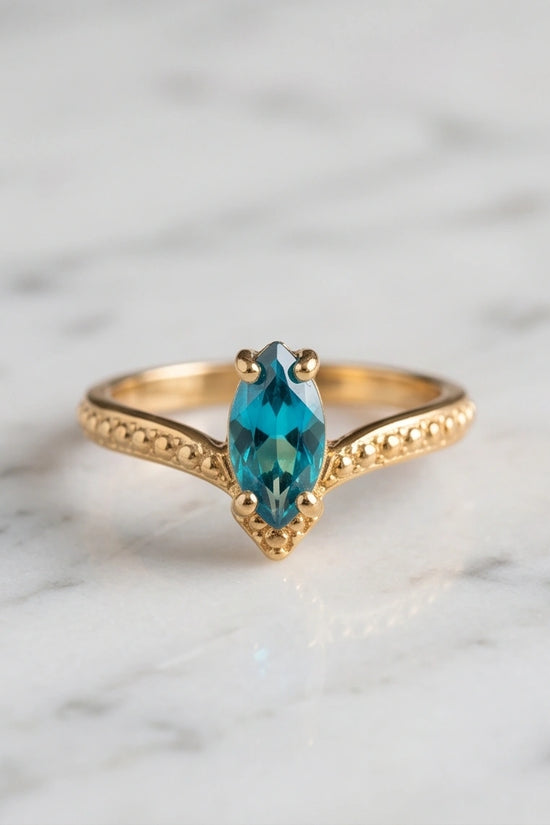 Vintage 14K Gold Marquise London Blue Topaz Chevron Ring
