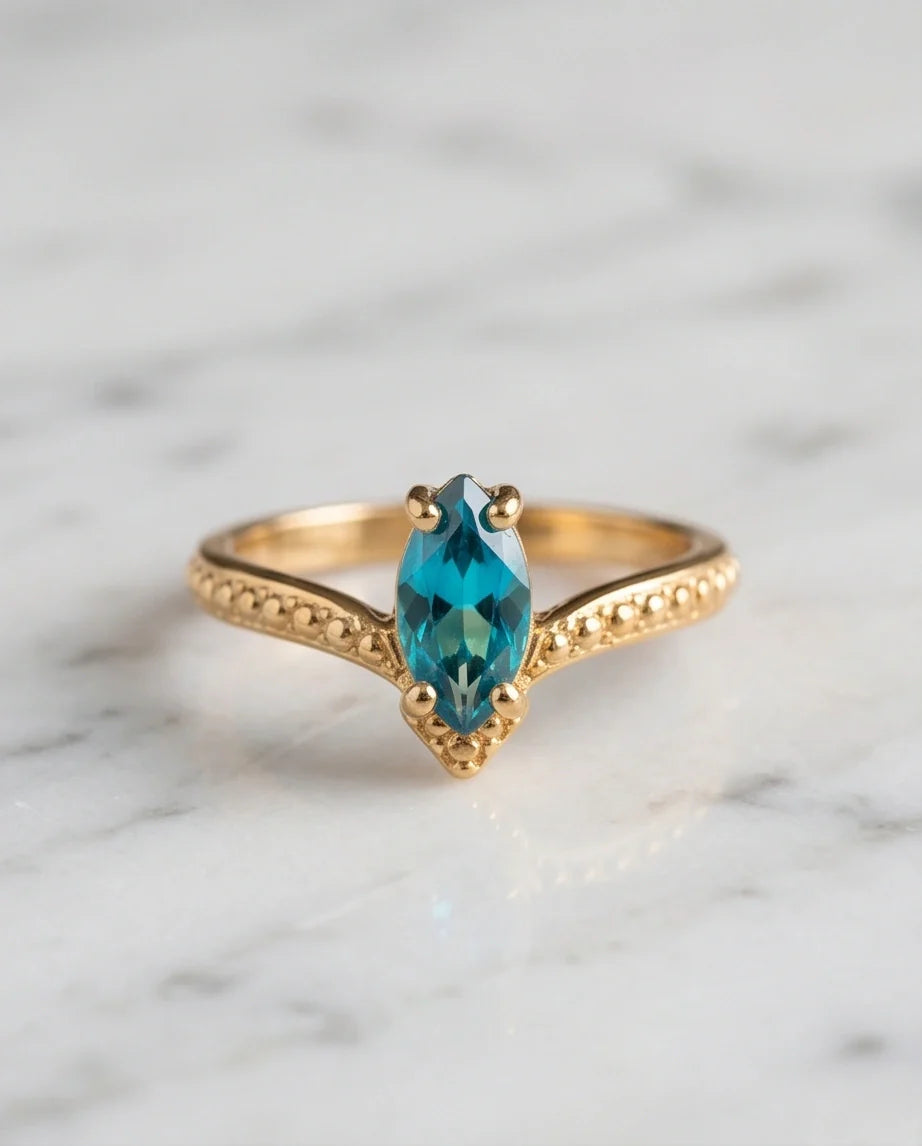 Vintage Gold Marquise London Blue Topaz Chevron Ring