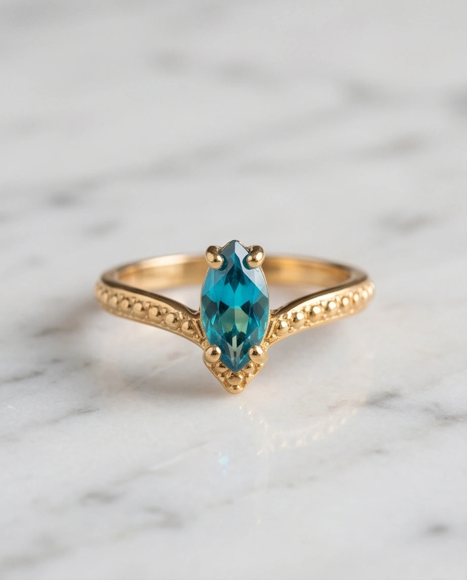 Vintage 14K Gold Marquise London Blue Topaz Chevron Ring