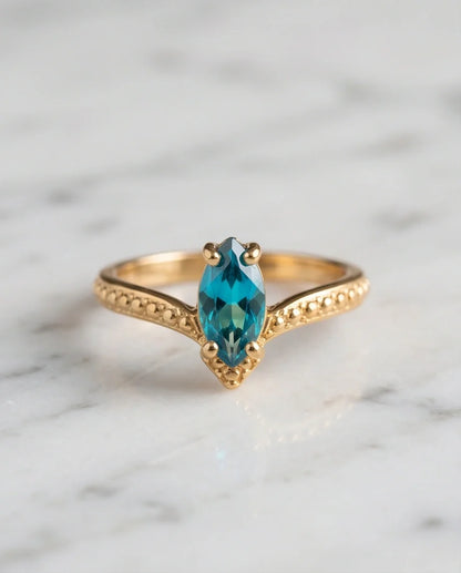 Vintage Gold Marquise London Blue Topaz Chevron Ring