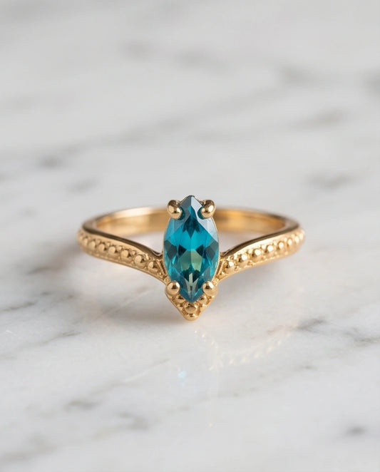 Vintage 14K Gold Marquise London Blue Topaz Chevron Ring