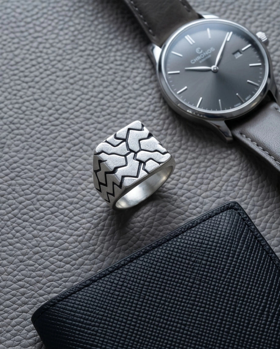 Matte Silver Geometric Mosaic Signet Ring