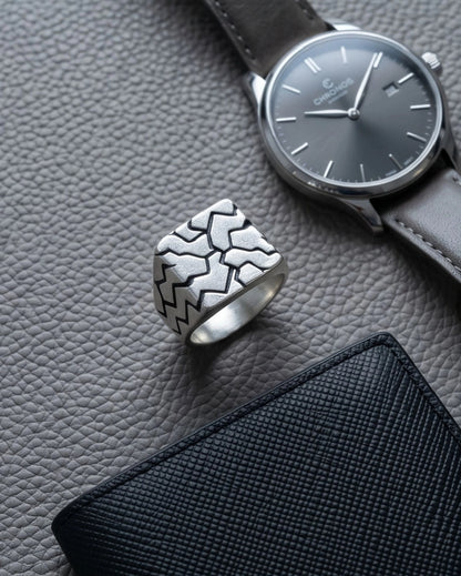 Matte Silver Geometric Mosaic Signet Ring