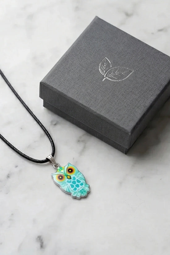 Vibrant Mint Blue Owl Totem Pendant Necklace