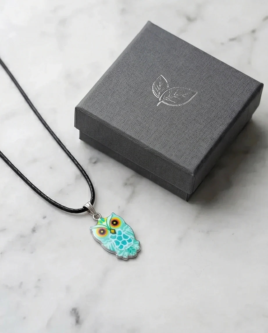 Vibrant Mint Blue Owl Totem Pendant Necklace