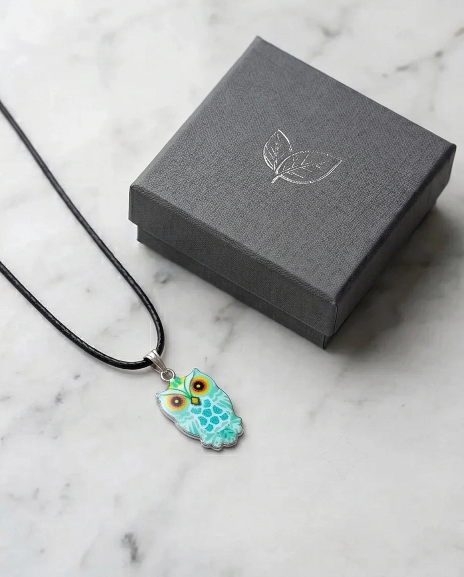 Vibrant Mint Blue Owl Totem Pendant Necklace