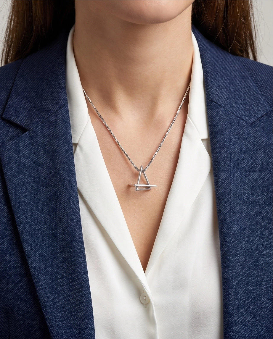Silver Geometric Intersecting Triangle and Square Pendant Necklace