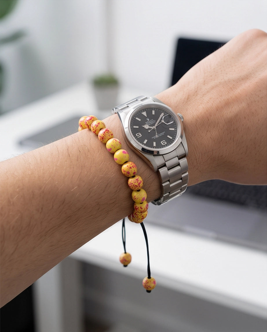 Yellow & Pink Splatter Paint Beaded Adjustable Macrame Bracelet
