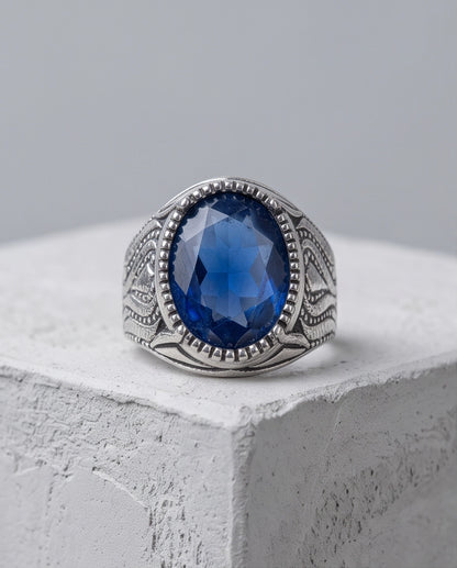 Sapphire Blue Oval-Cut Gemstone Beaded Bezel Textured Silver Ring