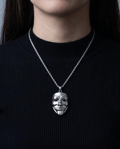 Silver Guy Fawkes Mask Rope Chain Necklace