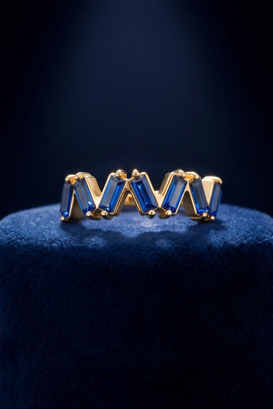 Gold Plated Blue Sapphire Baguette Zigzag Ring