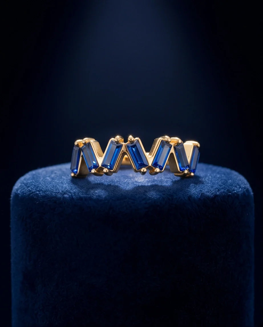 Gold Plated Blue Sapphire Baguette Zigzag Ring