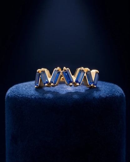 Gold Plated Blue Sapphire Baguette Zigzag Ring