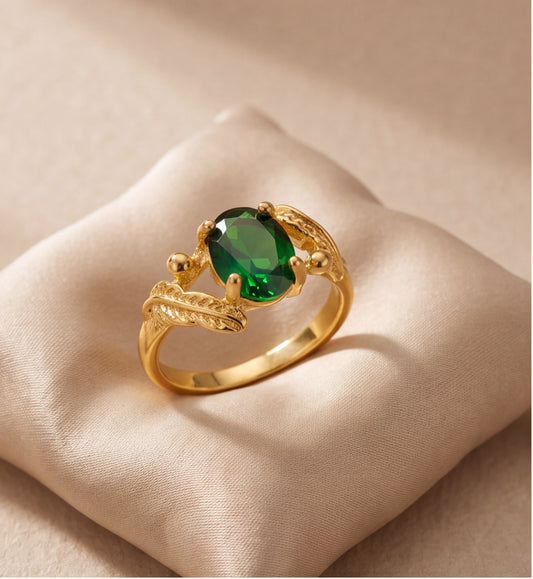 Golden Verdant Emerald Botanical Leaf Ring