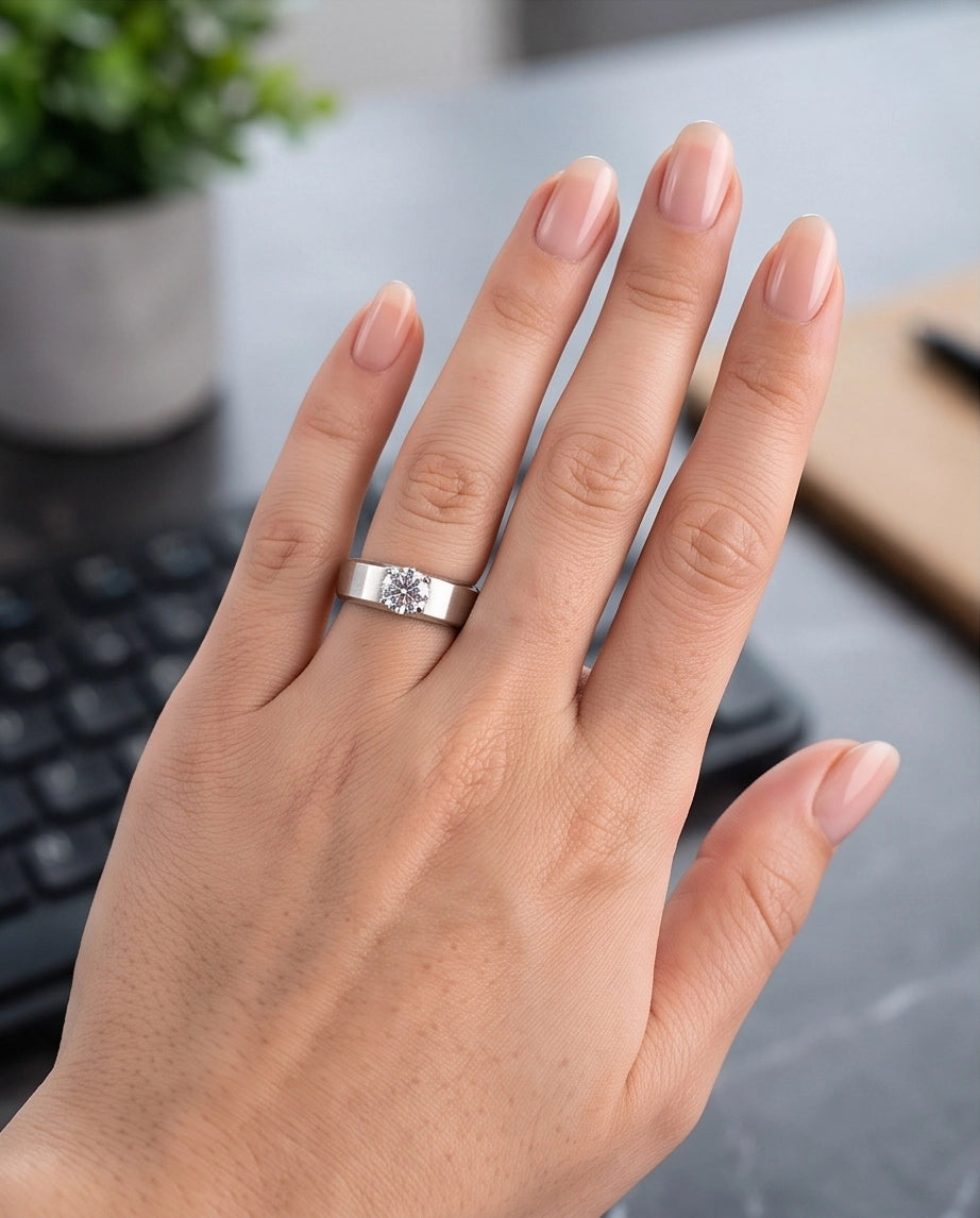 Silver Round Gemstone Crown Solitaire Ring