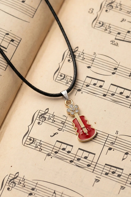 Gold and Red Enamel Violin Necklace
