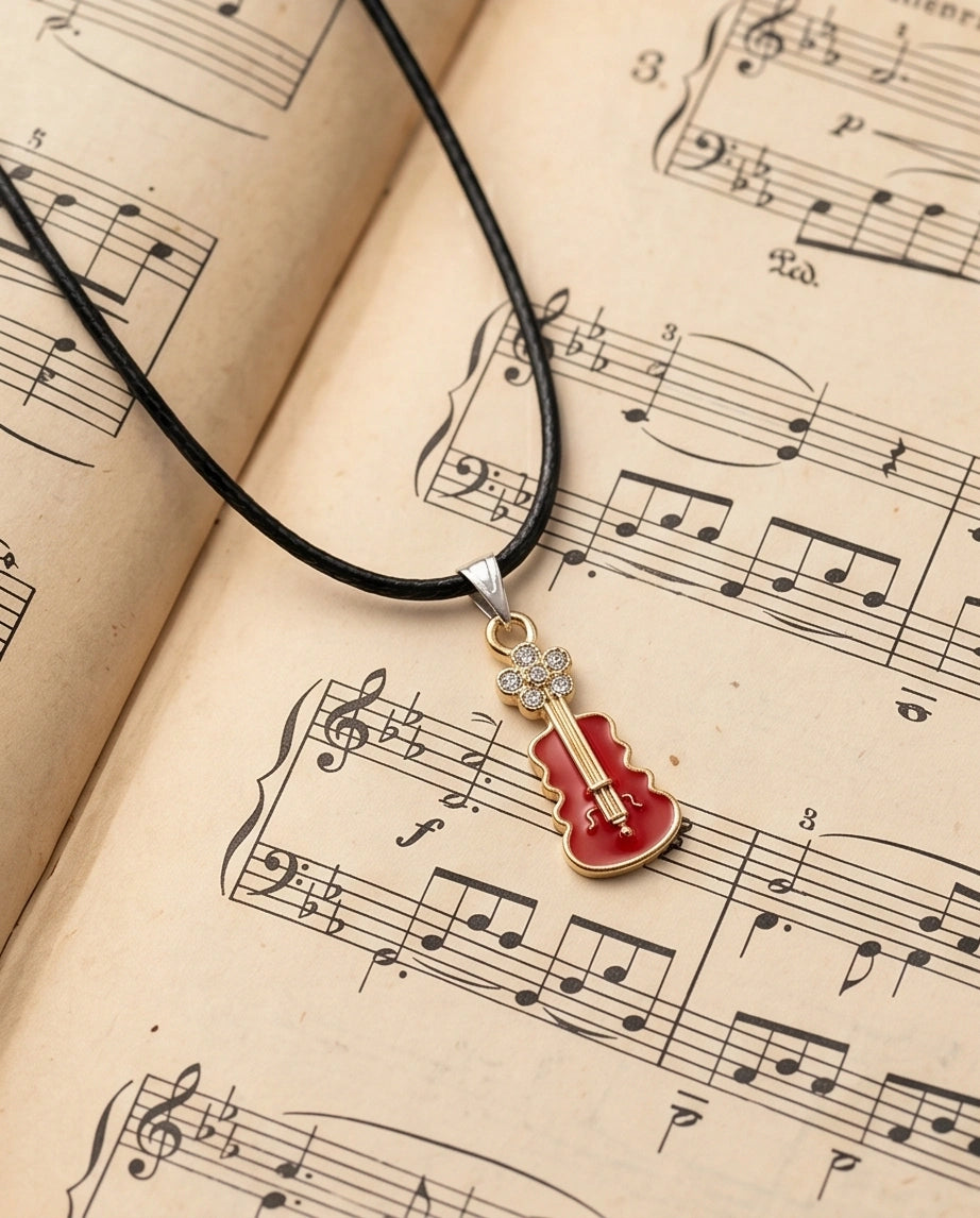 Gold and Red Enamel Violin Necklace