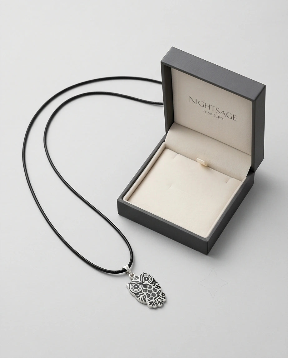Intricate Monochrome Owl Totem Pendant Necklace