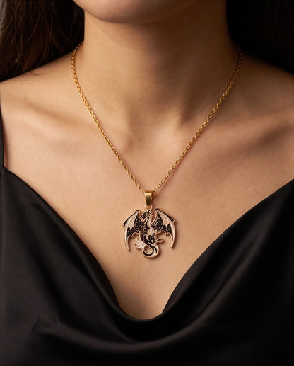 Gold Celestial Dragon Black & White Enamel Pendant Necklace
