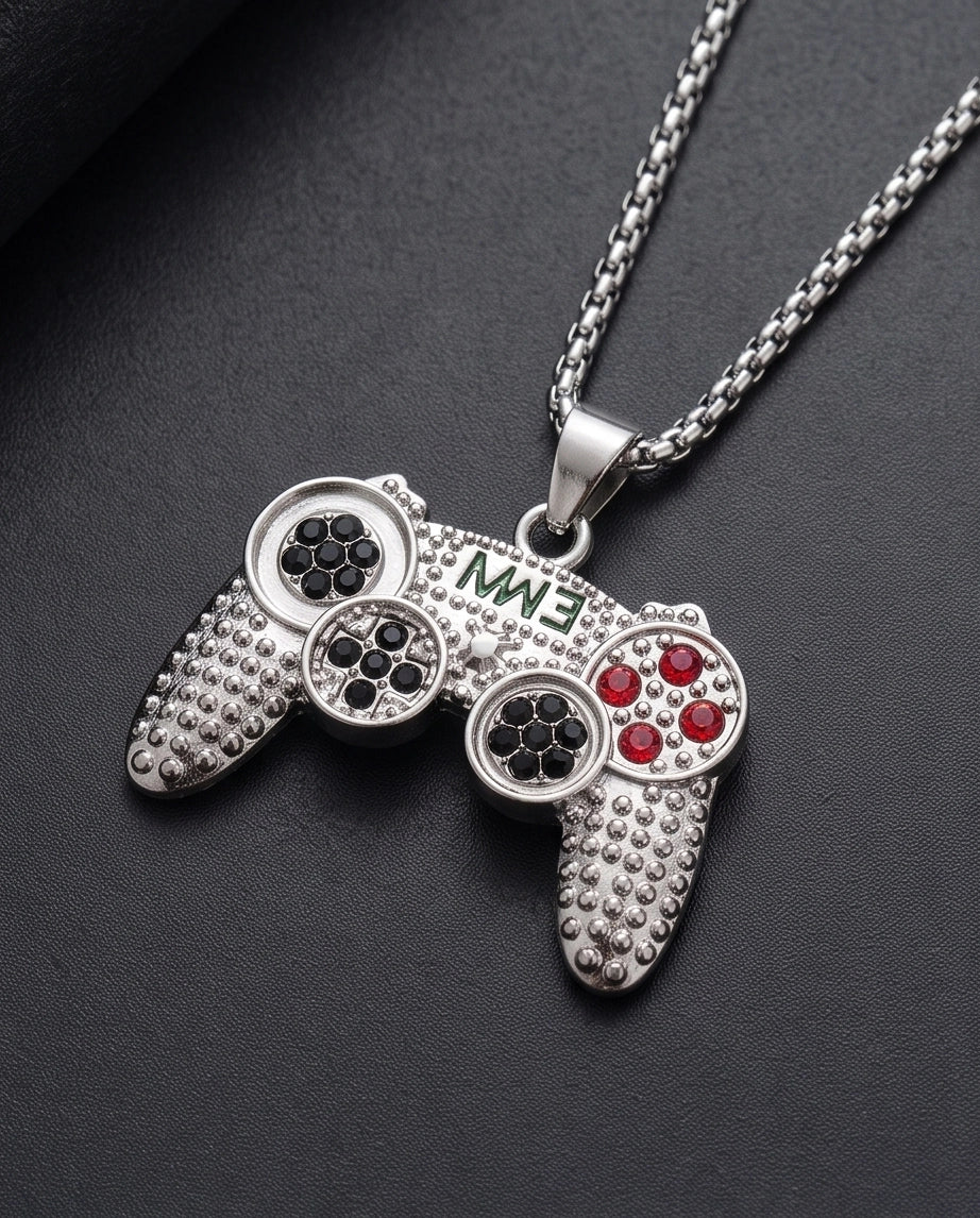Silver Rhinestone Gamepad Controller Pendant Necklace
