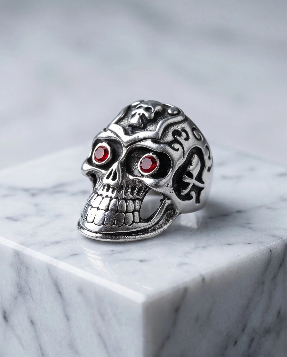 Ruby-Eyed Crested Filigree Skull Ring