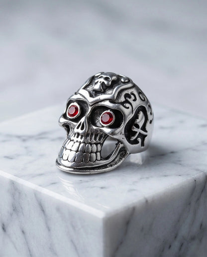 Ruby-Eyed Crested Filigree Skull Ring